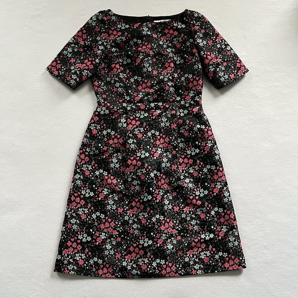 Boden Beatrice Black Floral Jacquard Short Sleeve A-Line Knee Length Dress US 8L